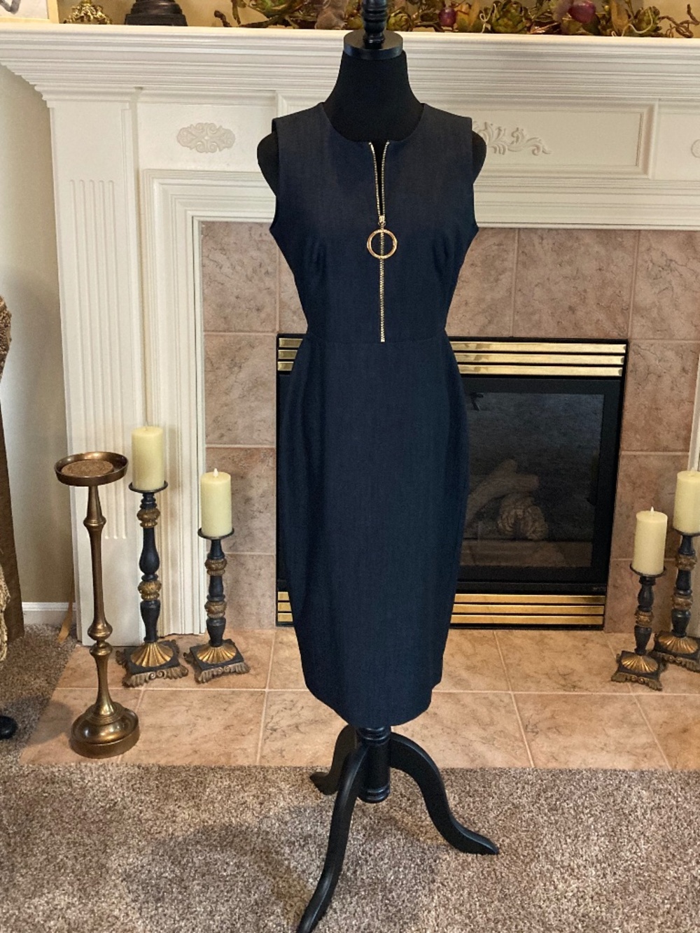 CALVIN KLEIN Sleeveless Dress Gold Front Zipper Charcoal Gray Size 6